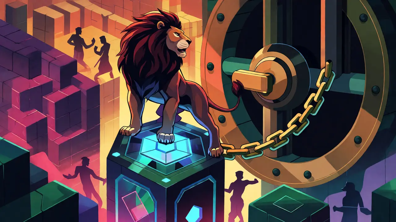 Lion guarding a TRON blockchain vault, symbolizing successful crime unit enforcement