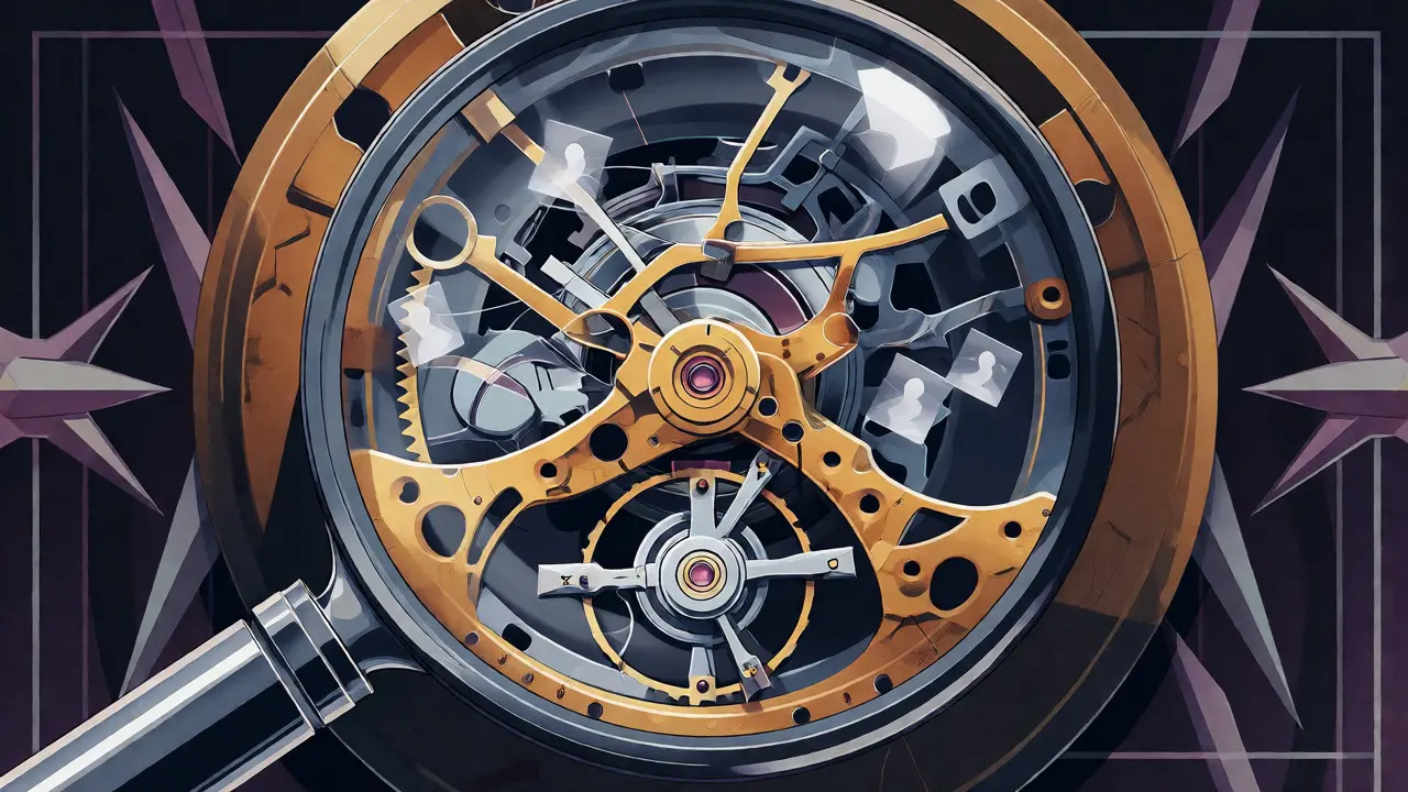 Magnifying glass inspecting unstable golden clockwork mechanisms