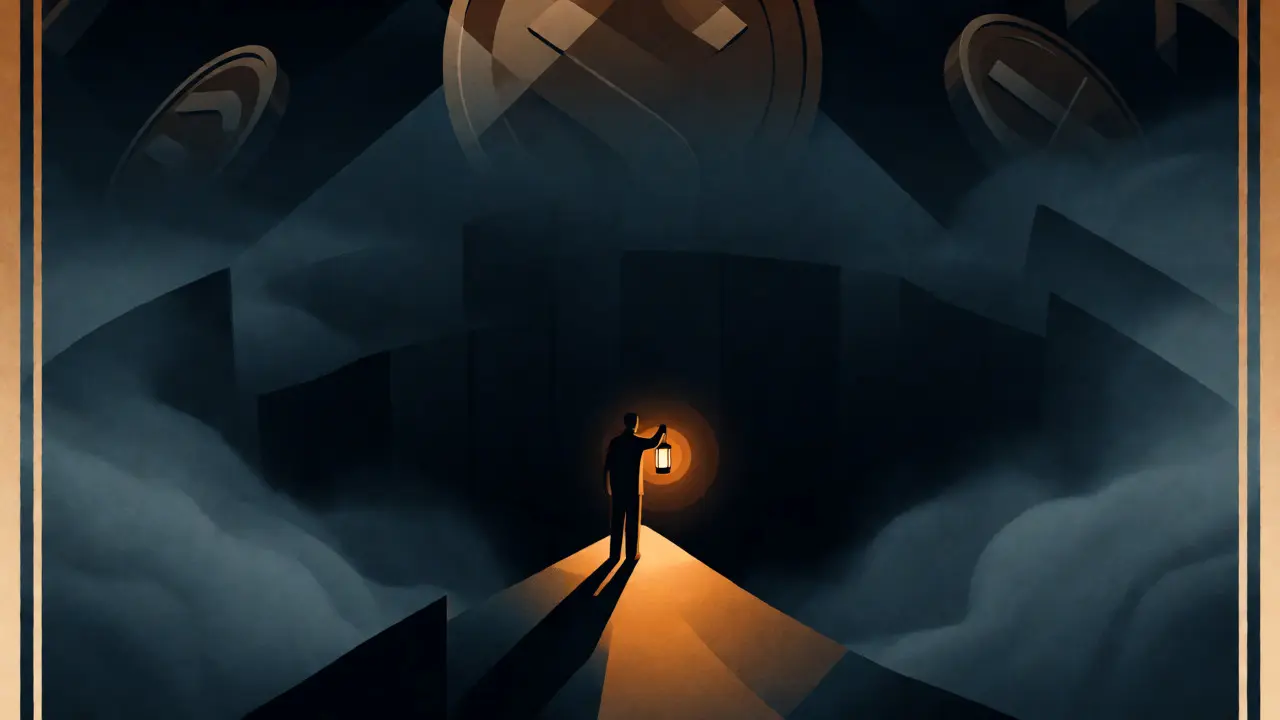Moody Art Deco artwork of a lone figure navigating a dark, risky financial landscape with a lantern.