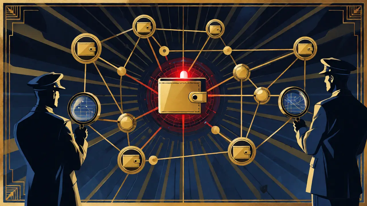Network graph of crypto wallets with law enforcement agents monitoring sanctioned transactions.