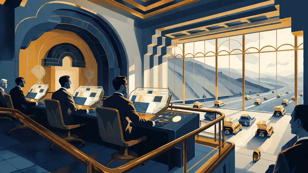 Operators supervising mines in an Art Deco control room