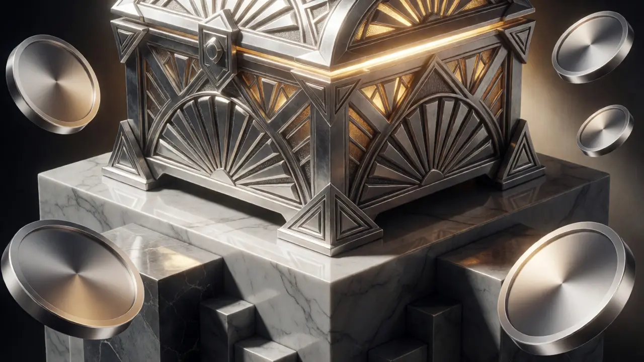 Ornate silver treasure chest glowing with NFT rewards in Art Deco design