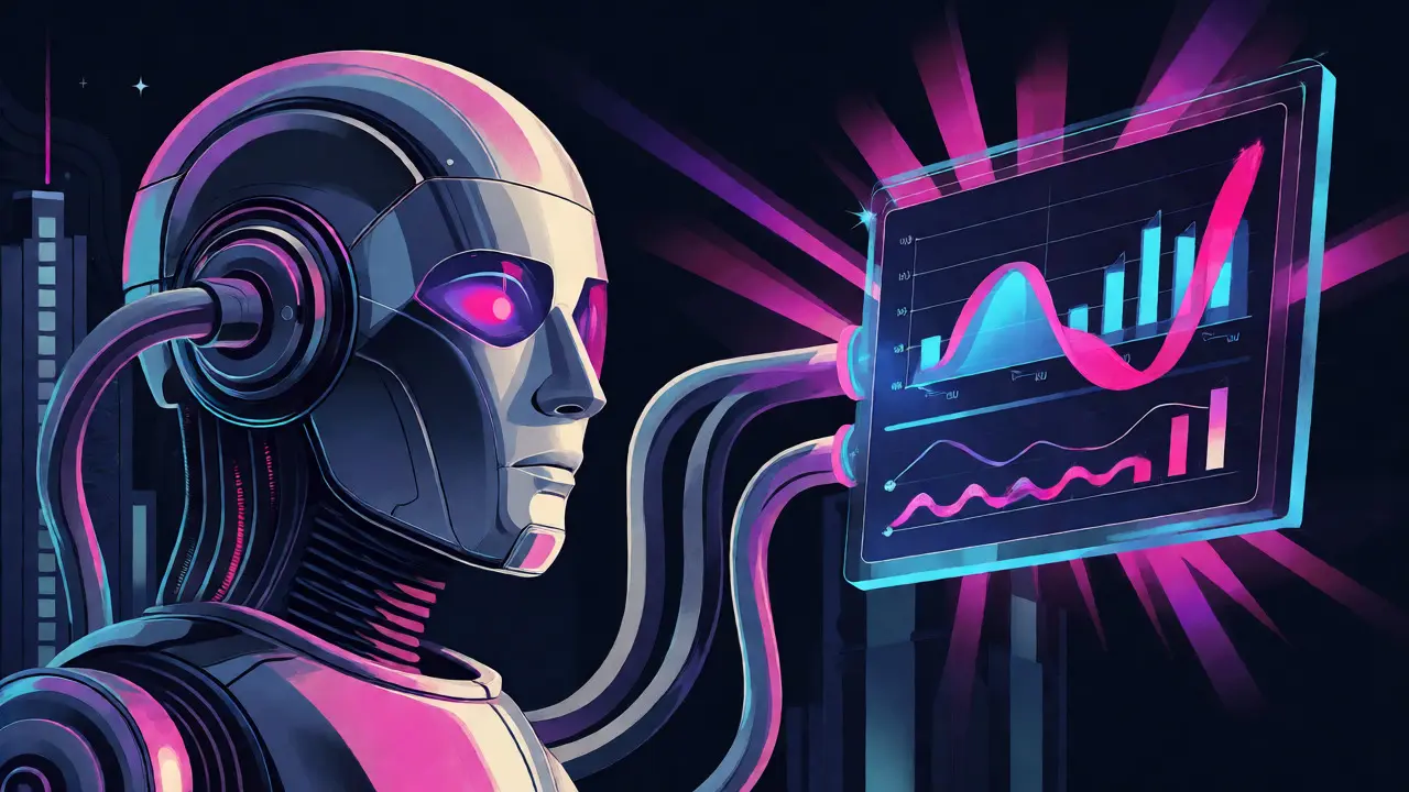 Retro-futuristic robot connected to a glowing social sentiment dashboard