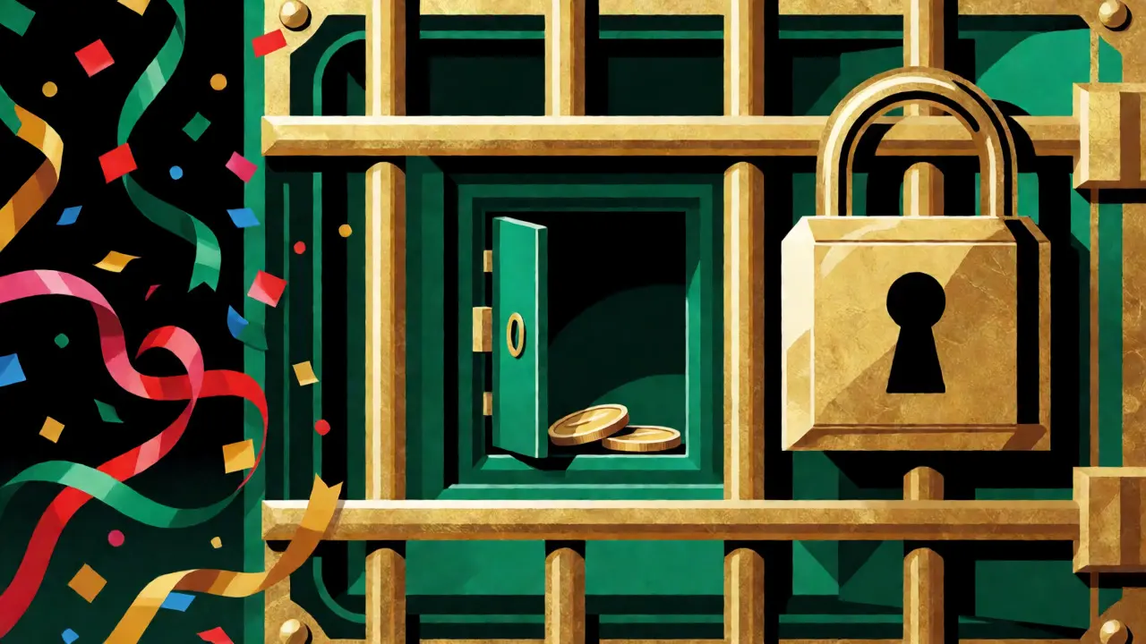 Secure wallet vault inside a fortress surrounded by chaotic holiday confetti.