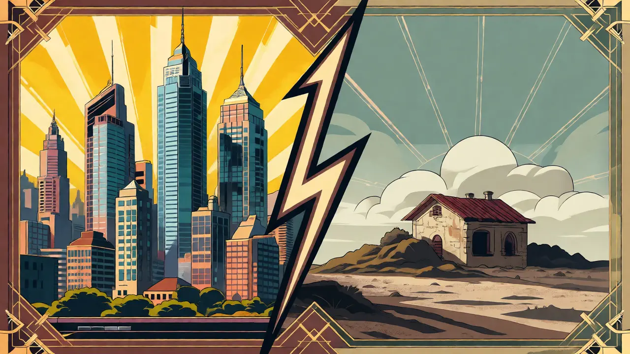 Split screen showing a busy city versus a quiet island in Art Deco style.