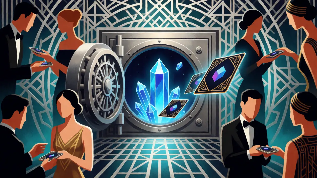 Stylized Art Deco scene showing digital assets flowing from a vault into a community marketplace.