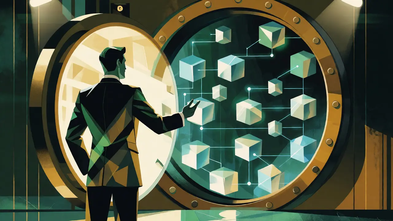 Stylized auditor verifying digital asset reserves in an Art Deco vault