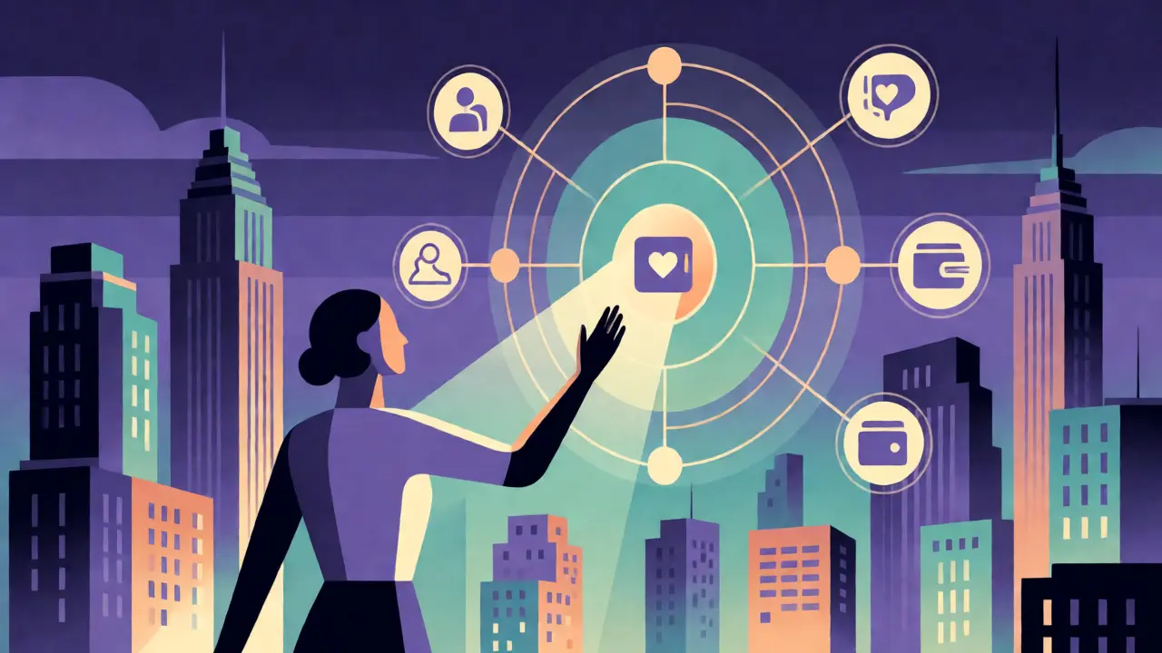 Stylized figure connecting to digital rewards via geometric Art Deco interface