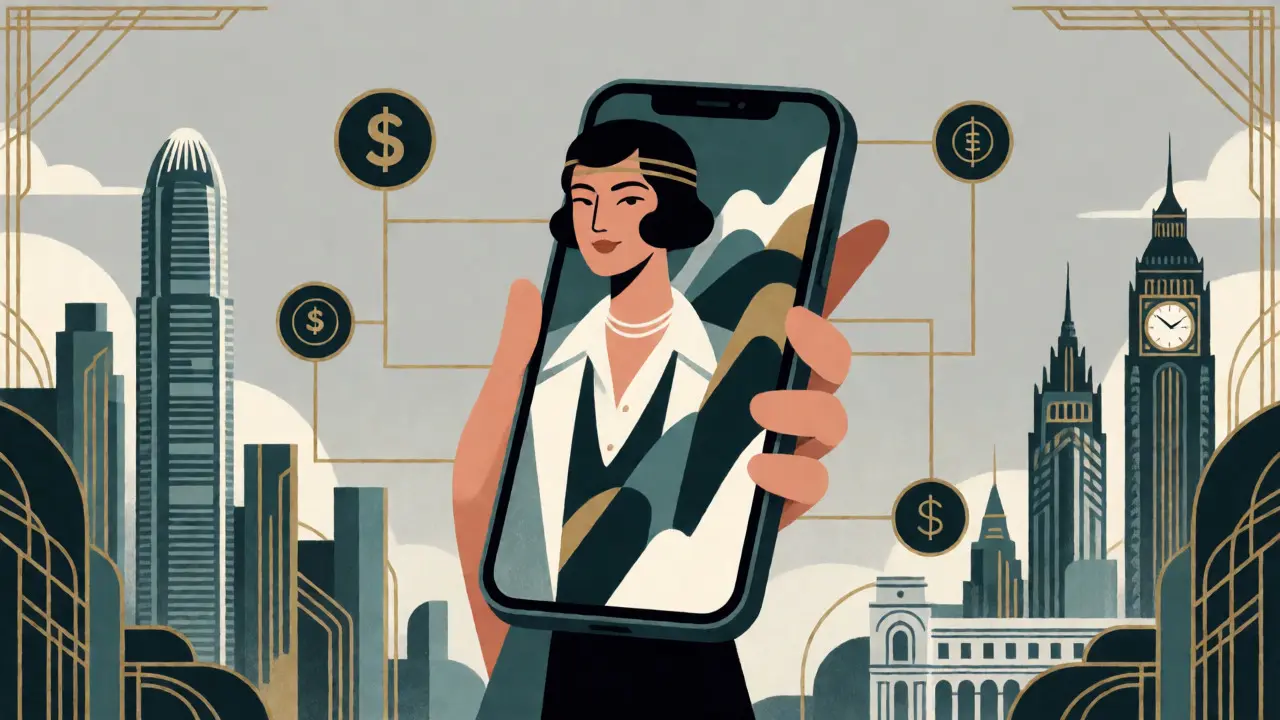 Stylized figure using a smartphone for global trading with Art Deco skyline