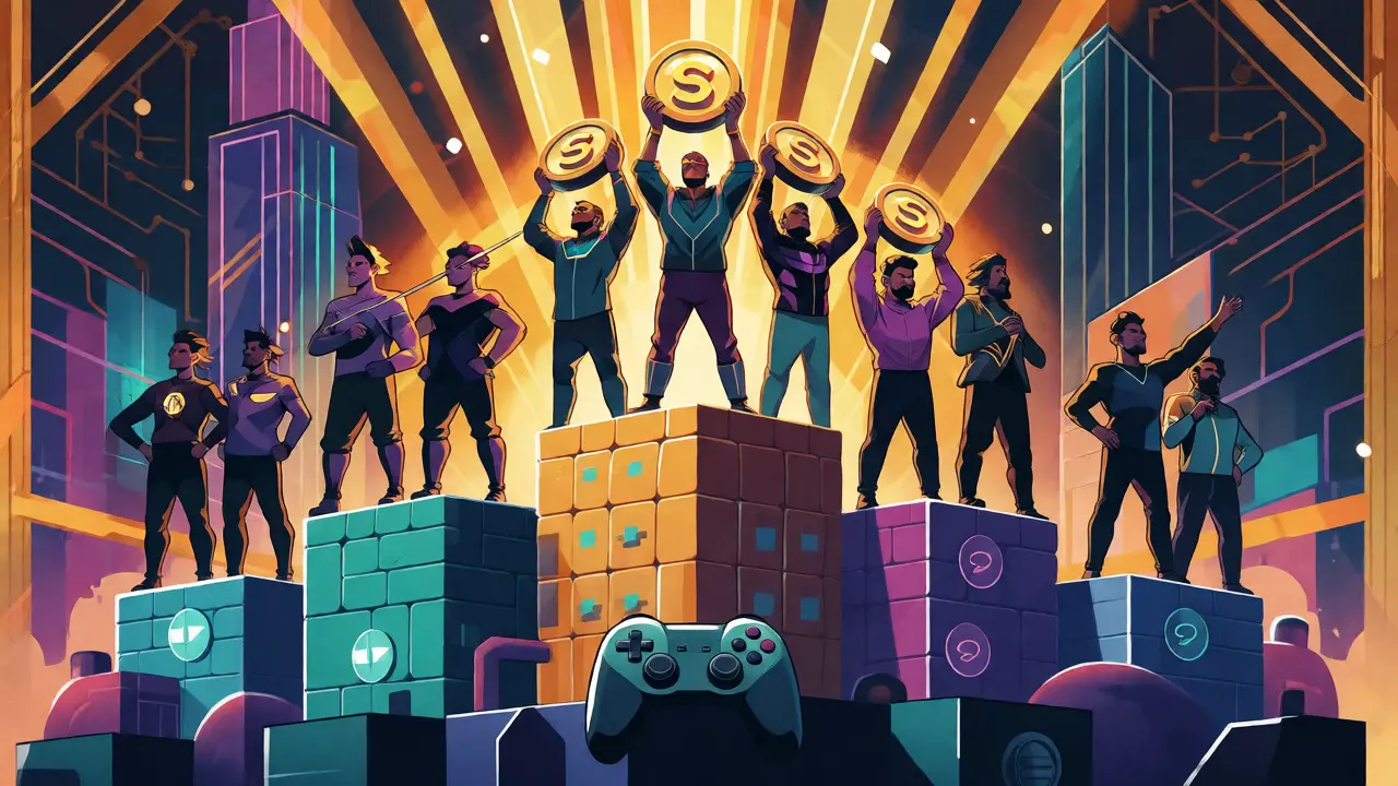 Stylized guilds on tiered podiums competing for rewards in an Art Deco blockchain-themed setting.