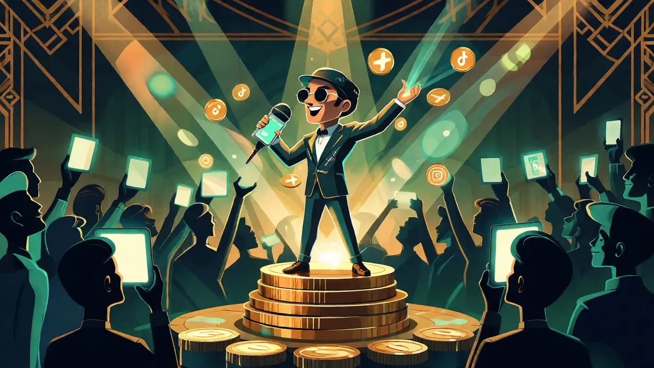 Stylized influencer on a coin stage engaging a crowd