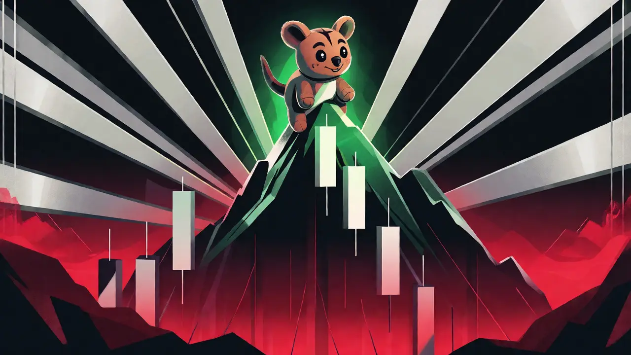 Stylized quokka riding a jagged price chart peak in Art Deco style.
