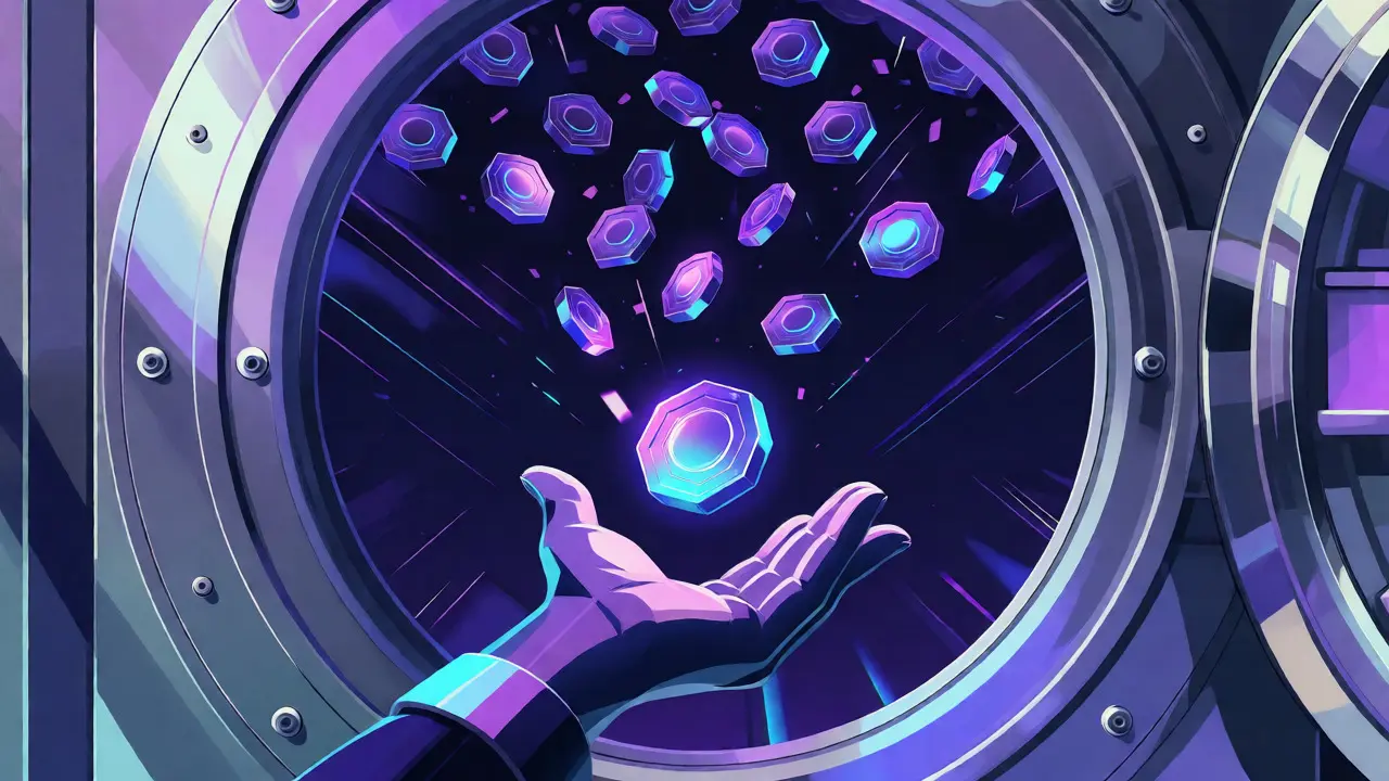 Stylized vault opening to release millions of Solana-based Zenith NT tokens in an Art Deco style.