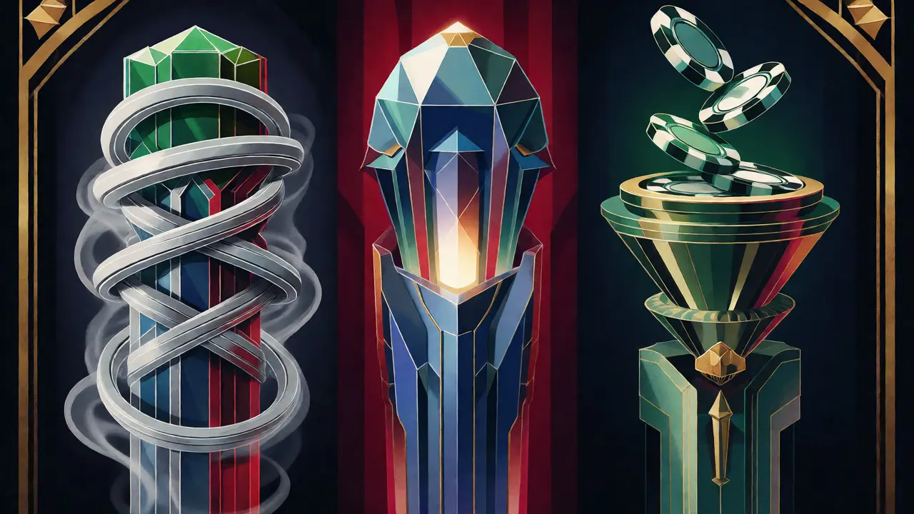 Three Art Deco pillars representing Monero, Zcash, and Dash technologies with symbolic elements.