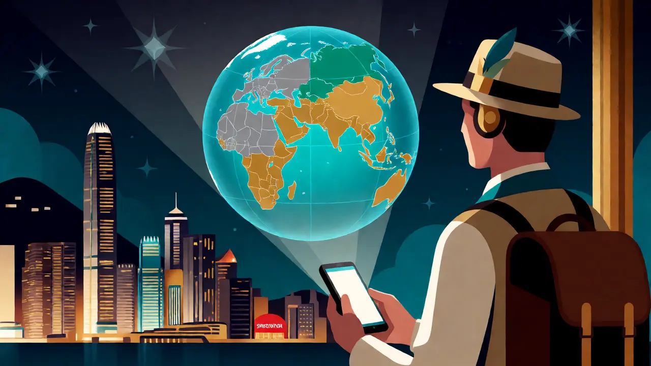 Traveler viewing a global map highlighting non-US regions in Art Deco fashion.