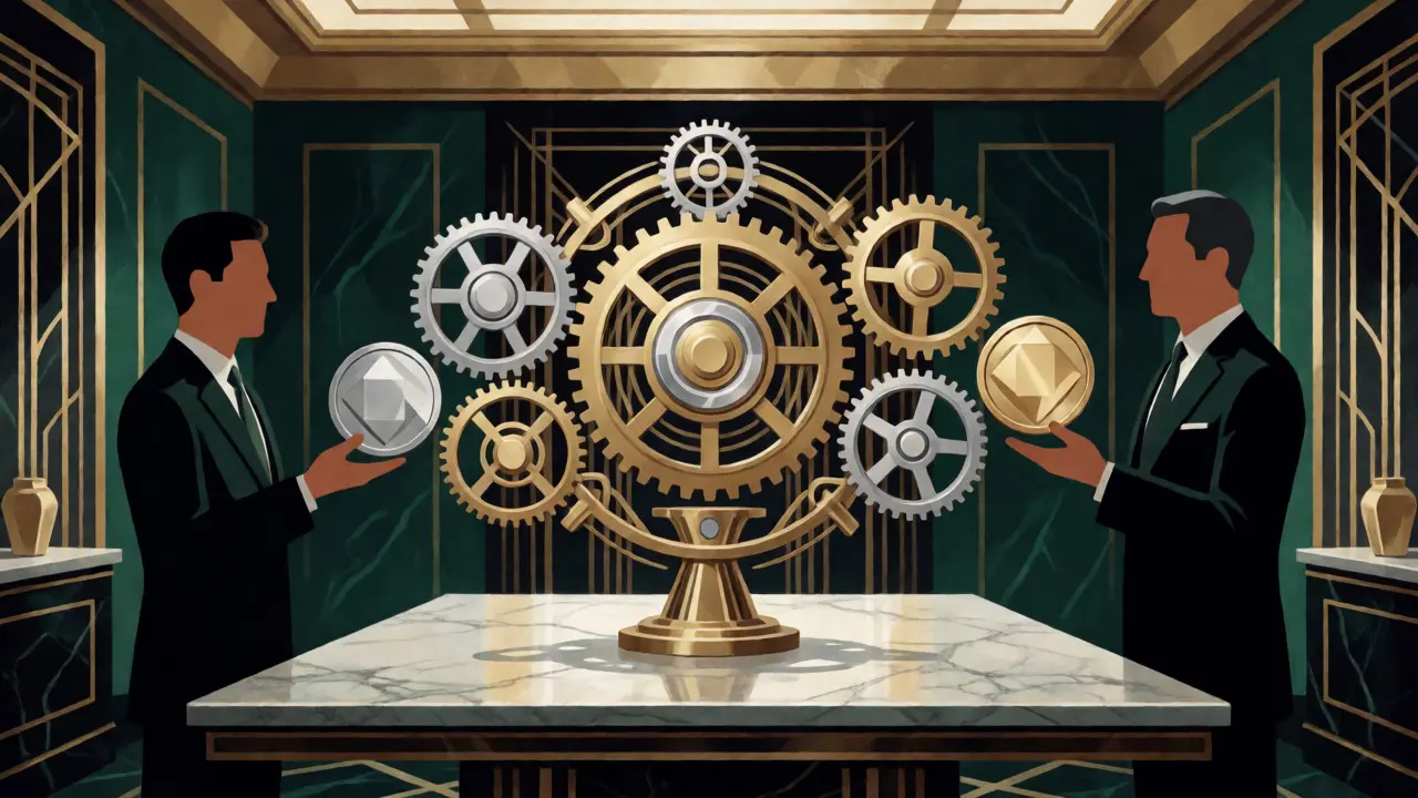 Two figures exchanging coins via ornate gears representing smart contracts