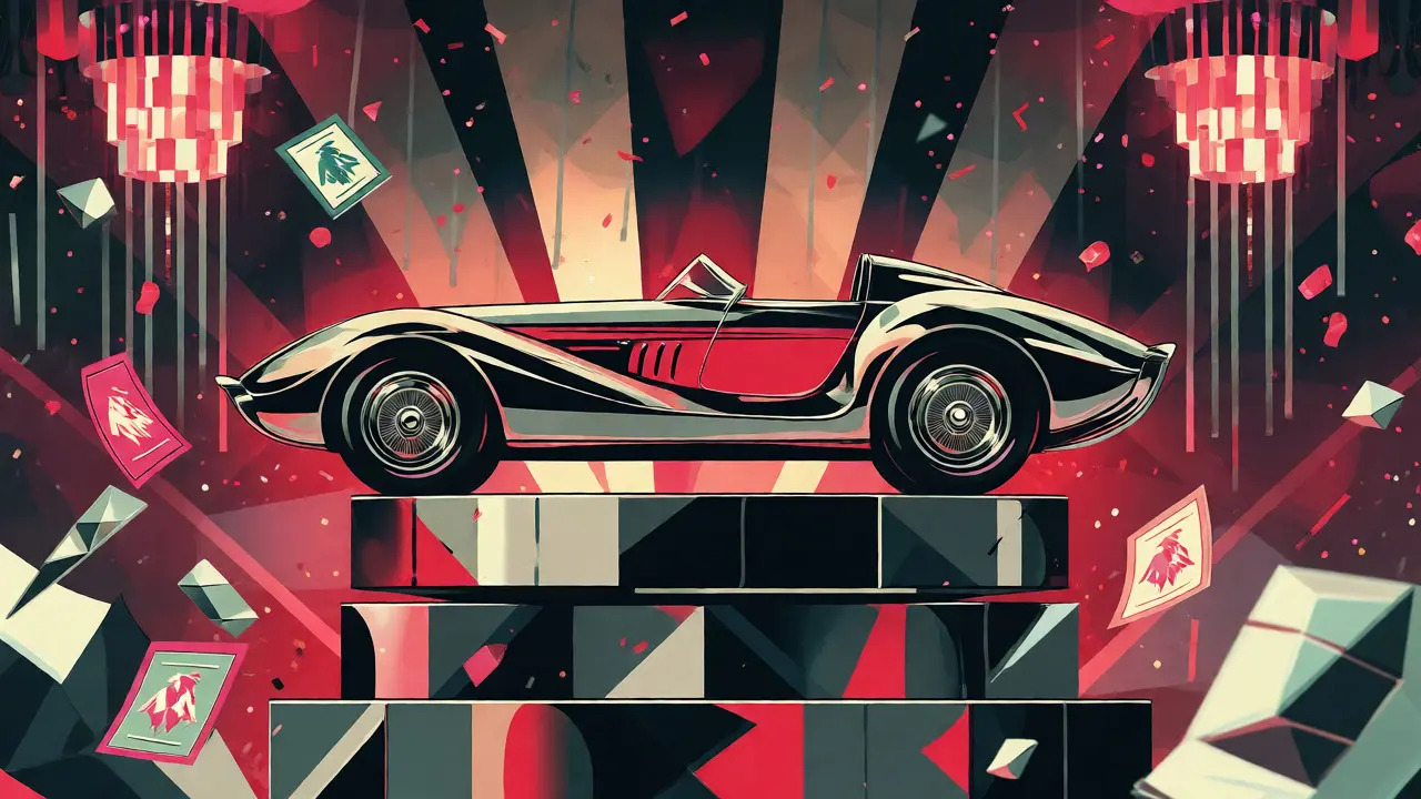Vintage poster style image of a luxury car and lottery tickets for the contest
