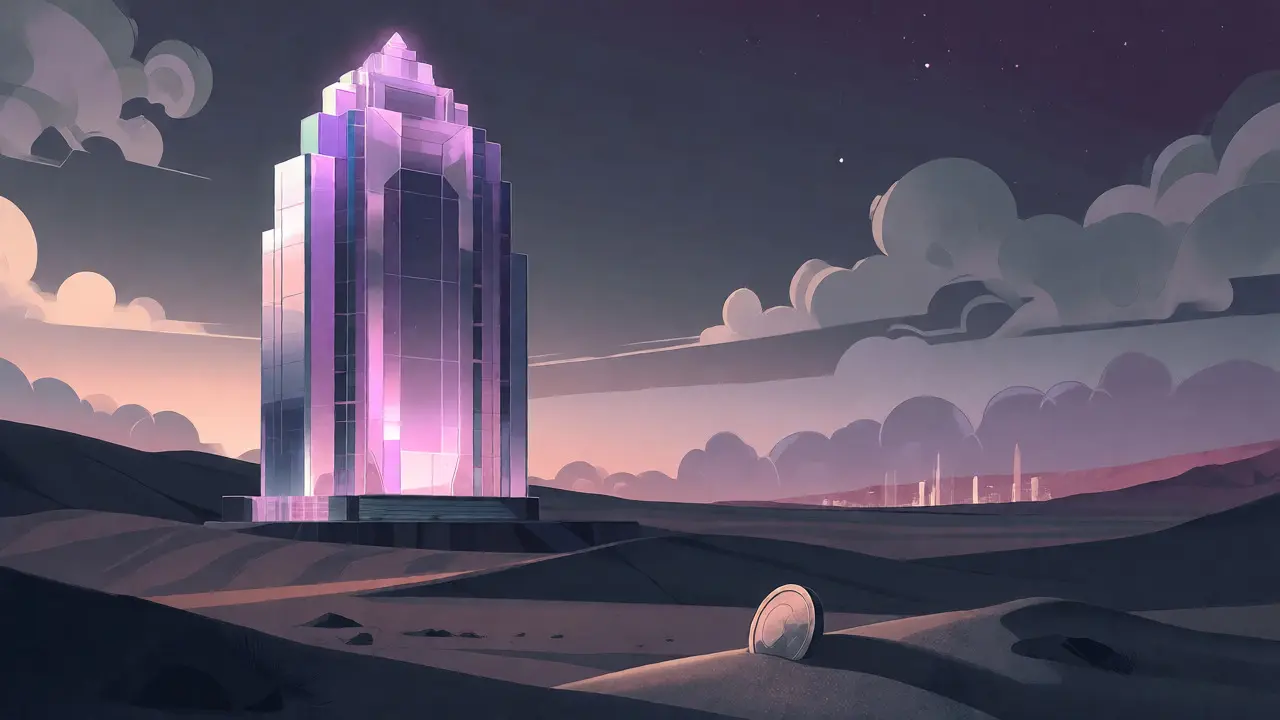 Art Deco artwork of an empty crystal tower in a desert symbolizing AmpleSwap's low market cap.