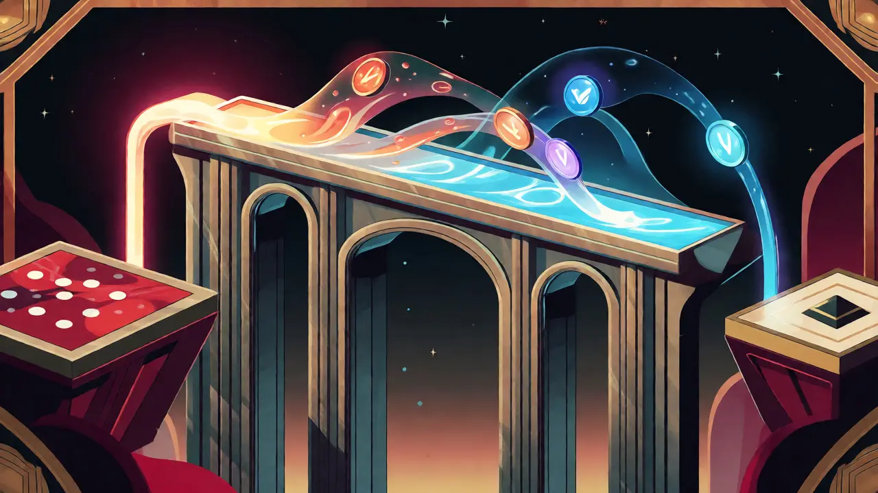 Art Deco bridge connecting blockchains with flowing liquid tokens