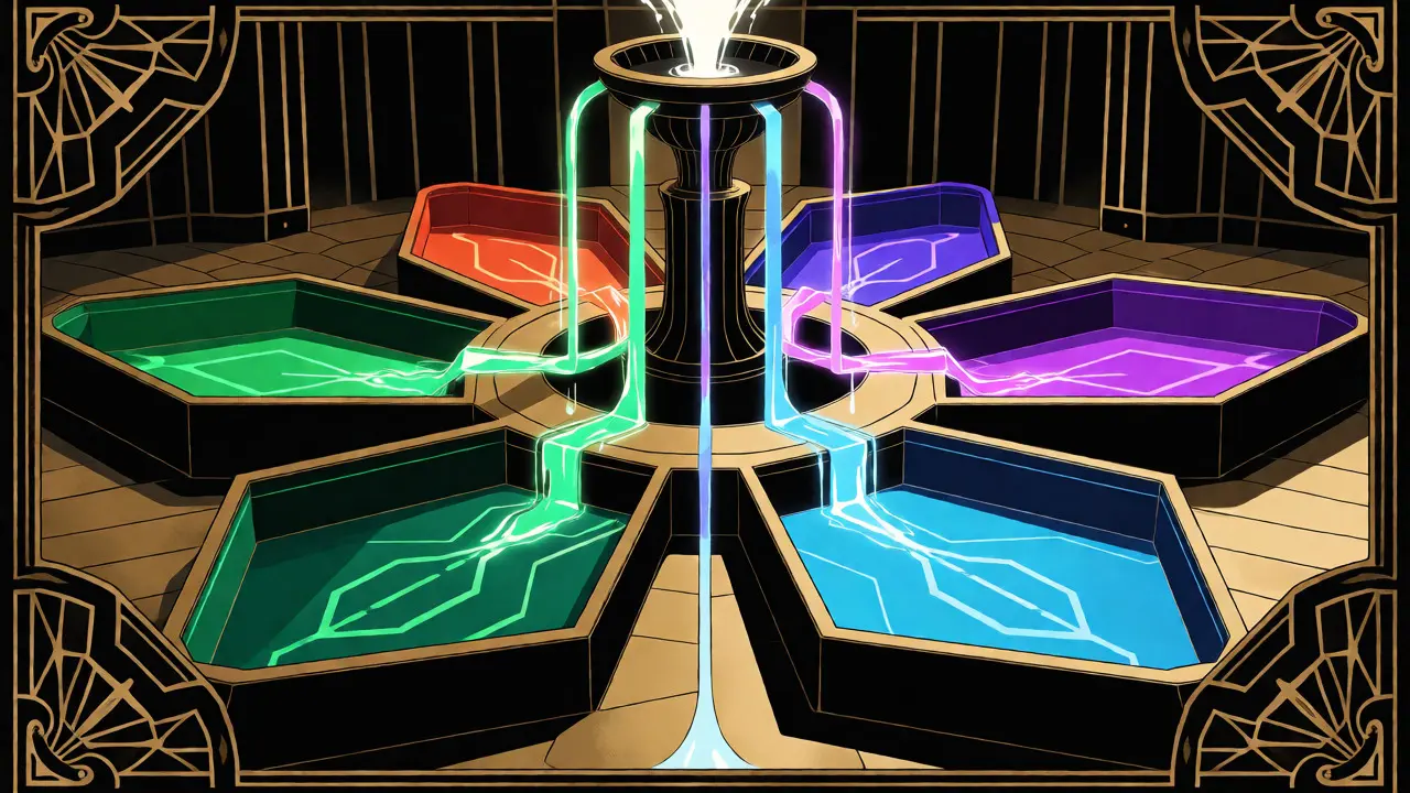 Art Deco graphic showing fragmented token streams flowing into separate colored basins.