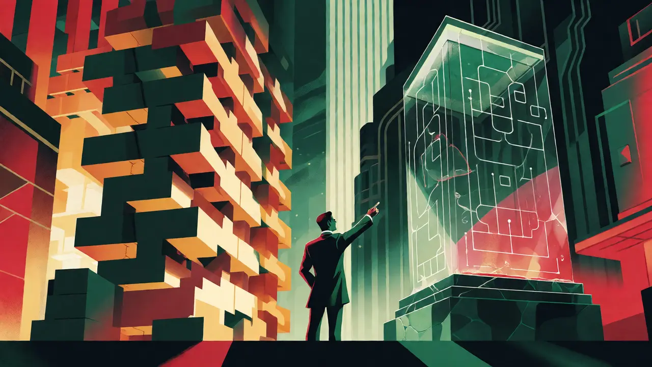 Art Deco illustration contrasting a solid, trustworthy exchange building with a fragile, cracking glass tower.