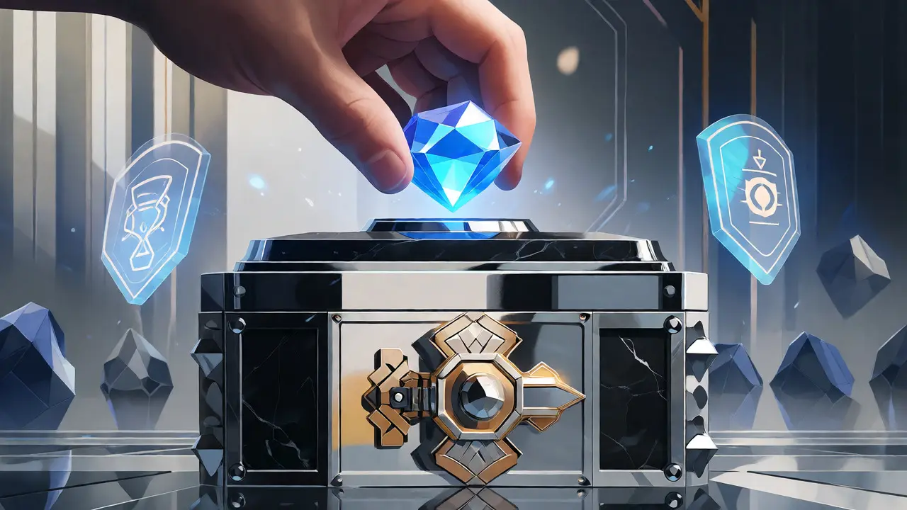Art Deco illustration of a hand securing a glowing blue token inside a sophisticated, vault-like safe.