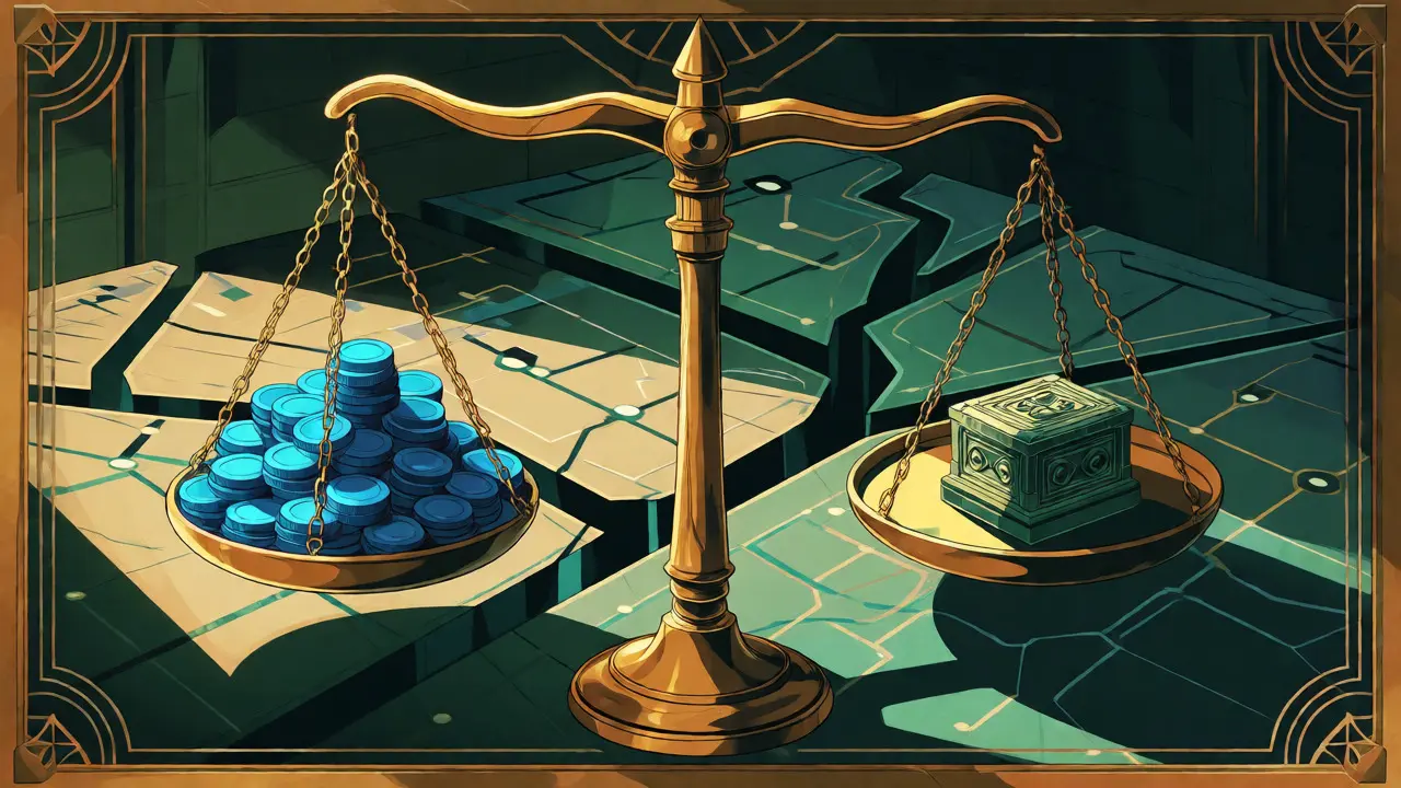 Art Deco illustration showing unbalanced scales representing AmpleSwap tokenomics data mismatches.