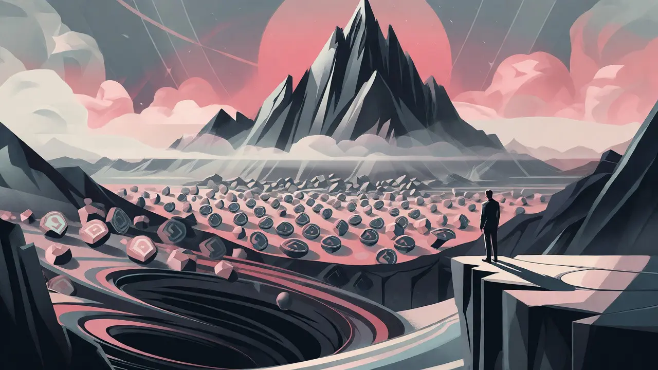 Art Deco landscape showing a high mountain peak above a valley of scattered tokens and an investor.