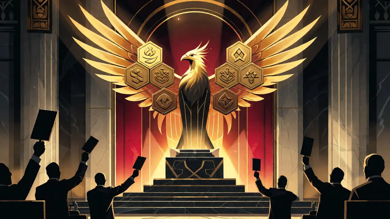 Art Deco phoenix rising from coins with voters below
