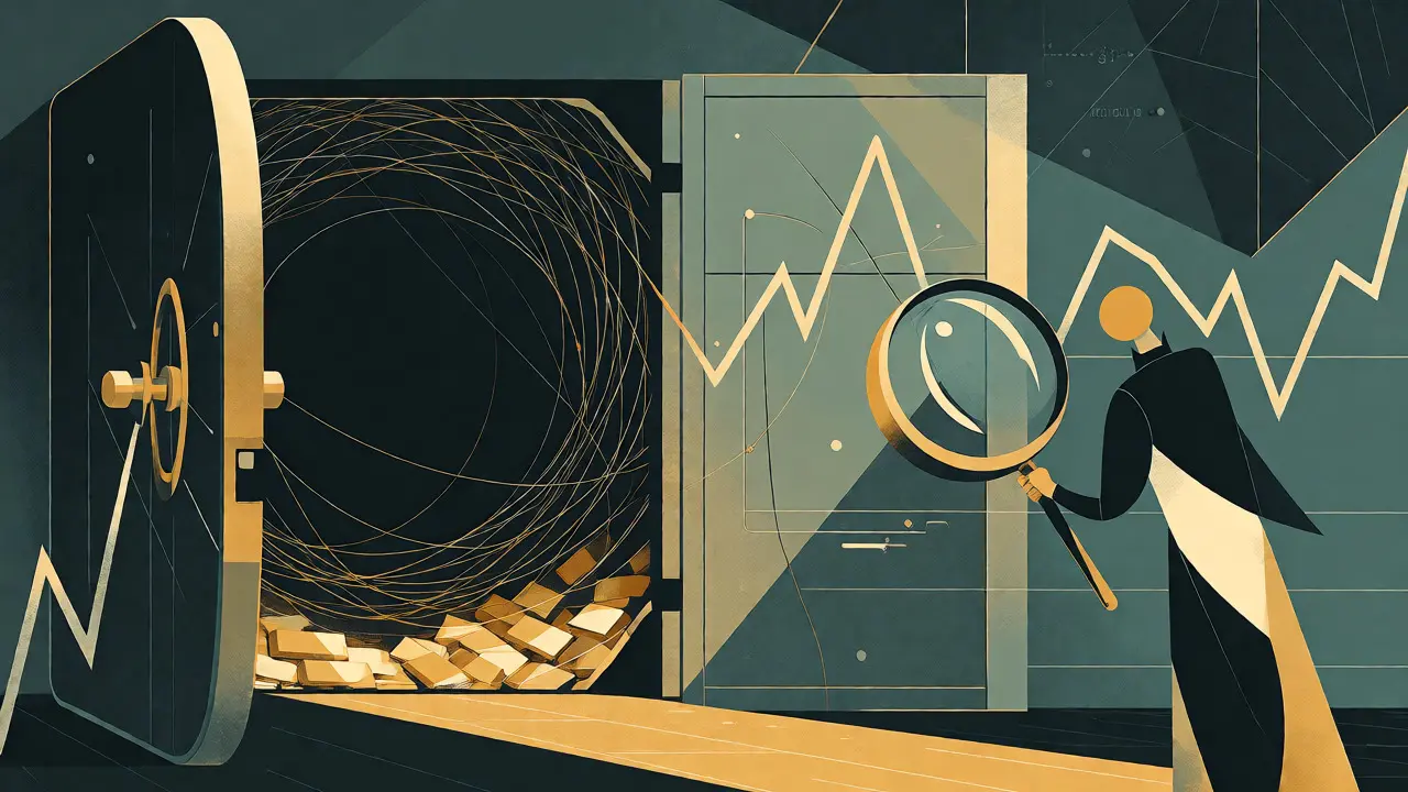 Art Deco scene of a figure inspecting an unstable asset inside an open vault.