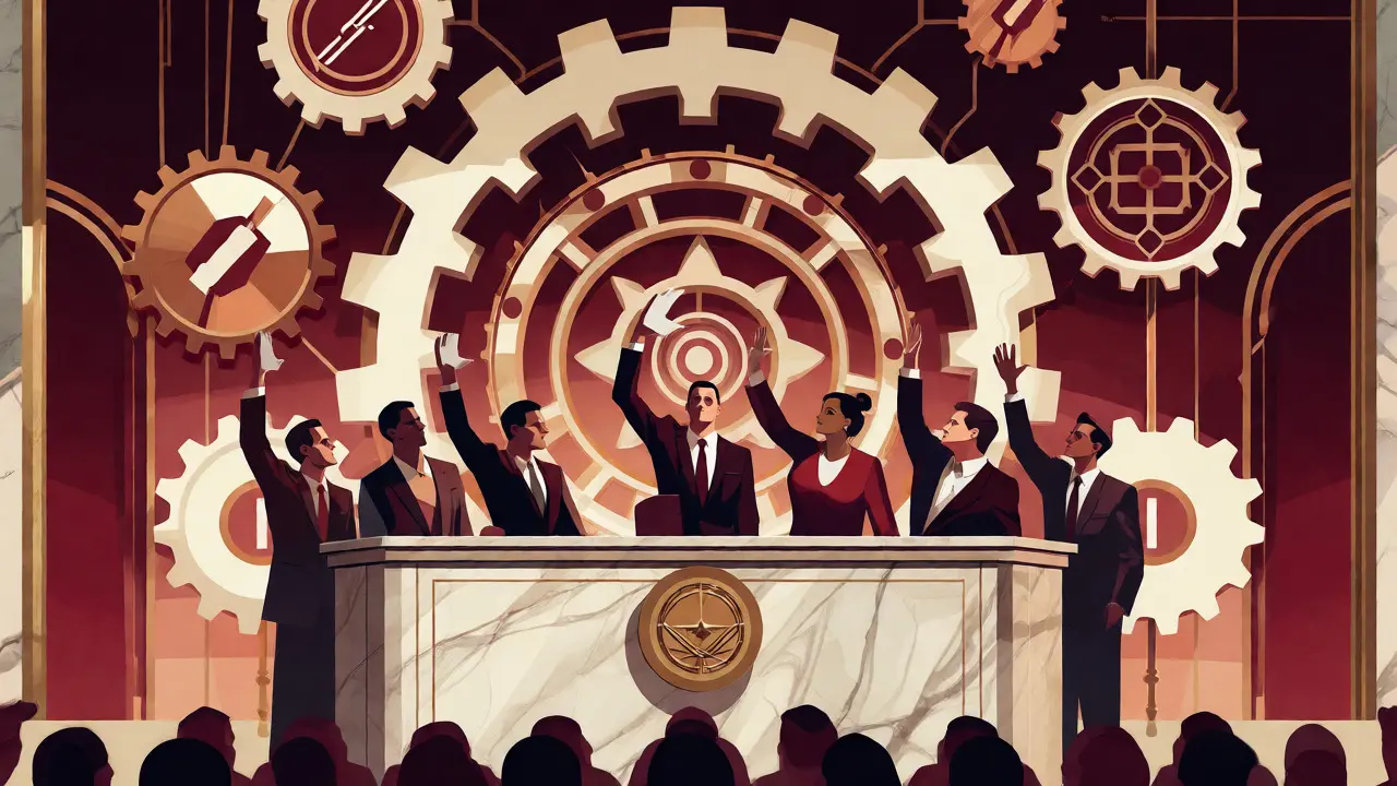 Art Deco scene of diverse figures voting at a podium backed by interlocking gears