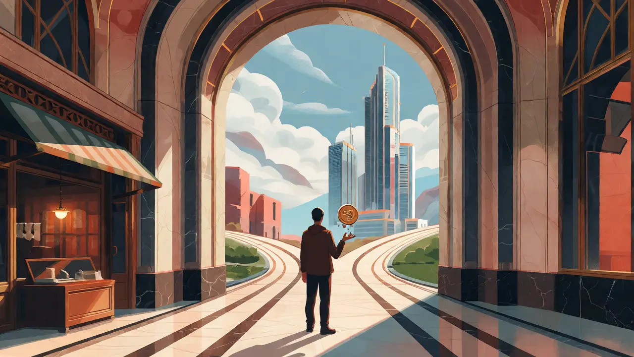 Art Deco scene showing a traveler choosing between local and global paths