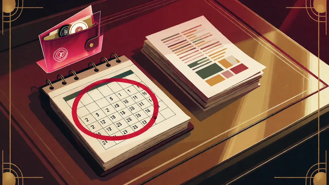 Art Deco style desk scene with a calendar marking year-end and a digital wallet projection.