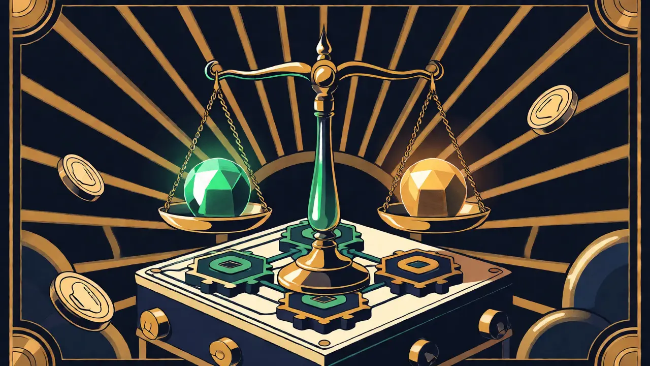 Art Deco style graphic showing balanced liquidity pools and passive income concepts.