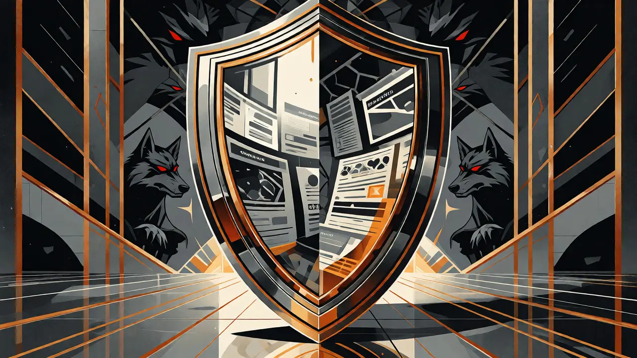 Chrome shield protecting against shadowy scam figures in an Art Deco style.
