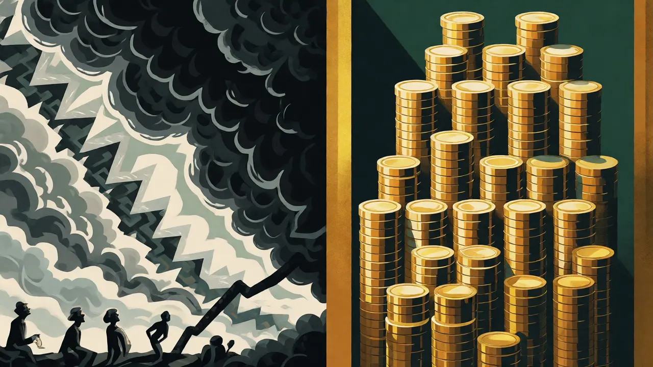 Contrasting Art Deco imagery of chaotic risk versus ordered security