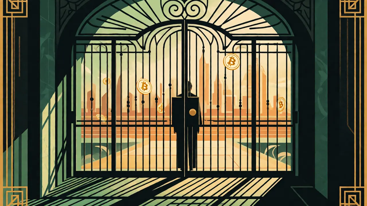 Crypto coins drifting away from a closed Art Deco gate representing the ban.