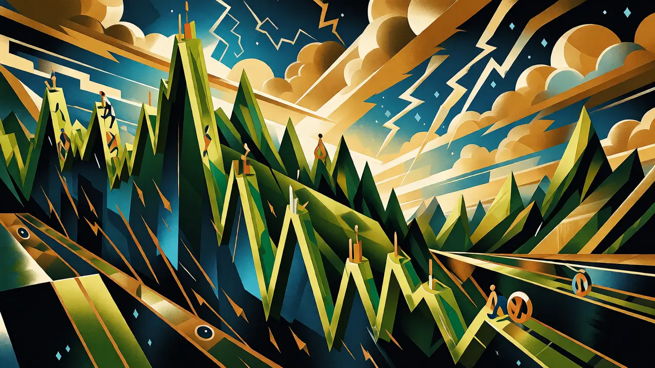 Dramatic Art Deco illustration of jagged chart mountains crashing down, symbolizing crypto price volatility.