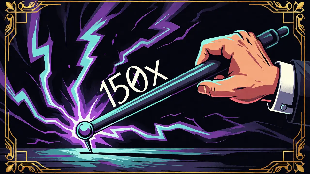 Dramatic Art Deco image of a lever balancing on a needle, representing high-risk 150x leverage.