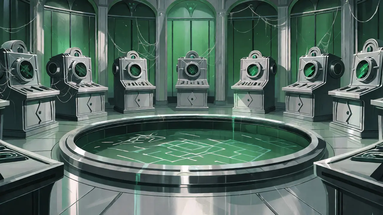 Empty, dusty trading pool with dormant machinery in Art Deco style