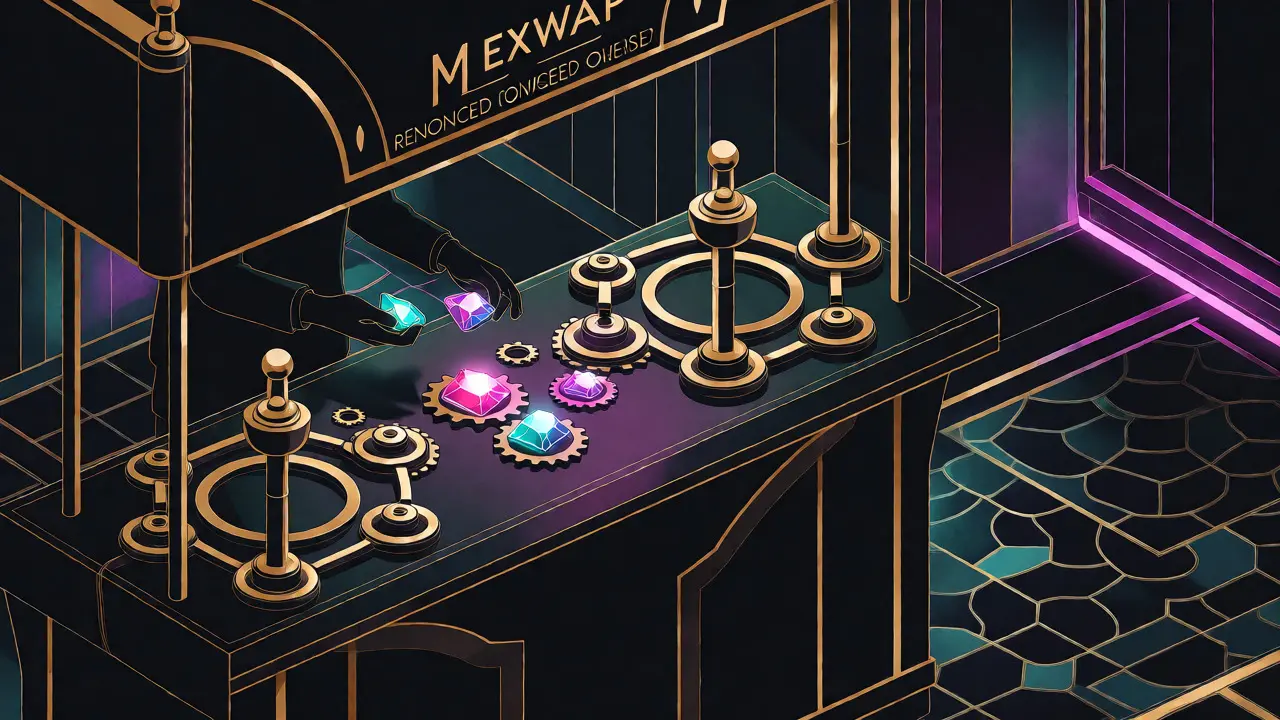 Futuristic Art Deco marketplace stall where hands exchange glowing token gems amidst golden blockchain gears.
