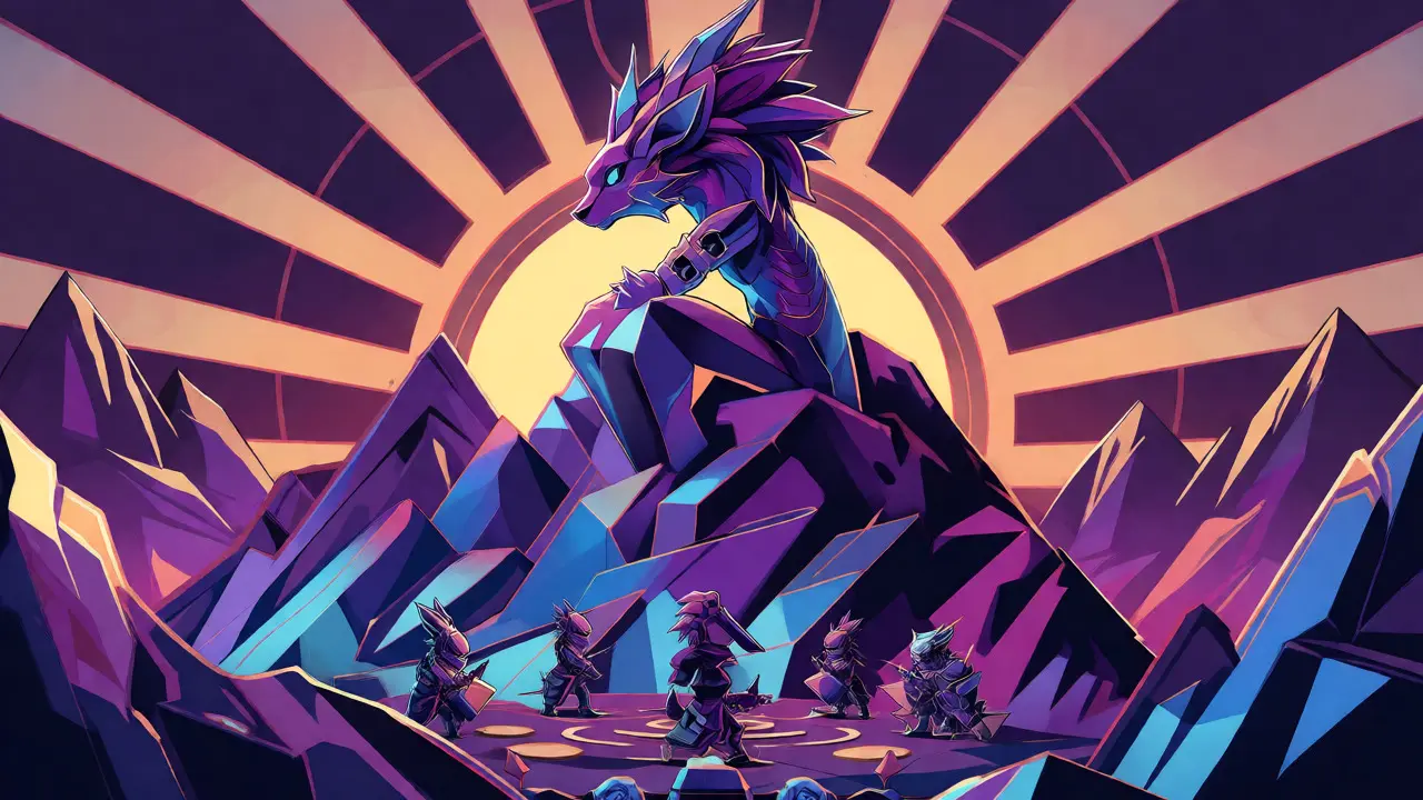 Geometric illustration of a mythical creature on a peak with battle scenes below in Art Deco colors.