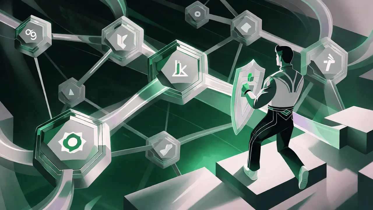 Geometric network of glowing hexagons representing decentralized trading on Layer 2 solutions.
