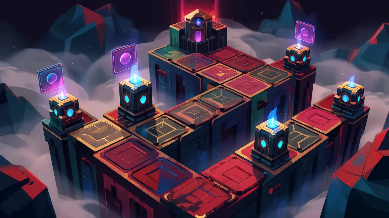 Geometric tower defense game scene with glowing heroes in Art Deco style