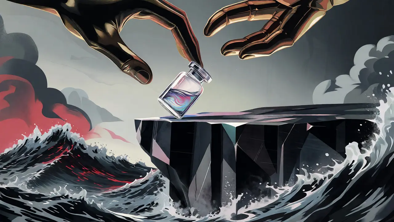 Glass vial on cliff edge over turbulent ocean representing low liquidity