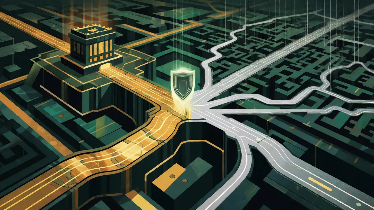 Glowing blockchain rivers flowing through a geometric cityscape toward a protective shield emblem.