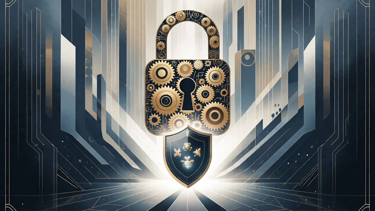Golden padlock and shield protecting NFT icons in Art Deco design