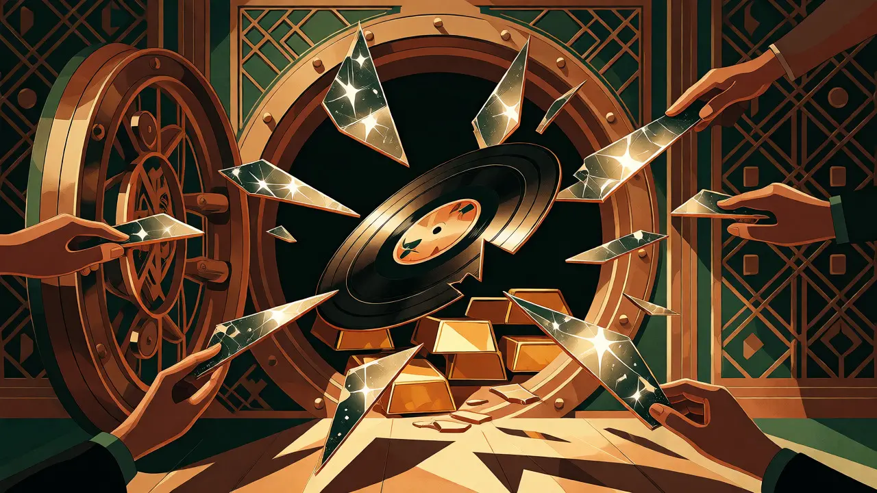 Hands holding fragmented vinyl shards in Art Deco vault