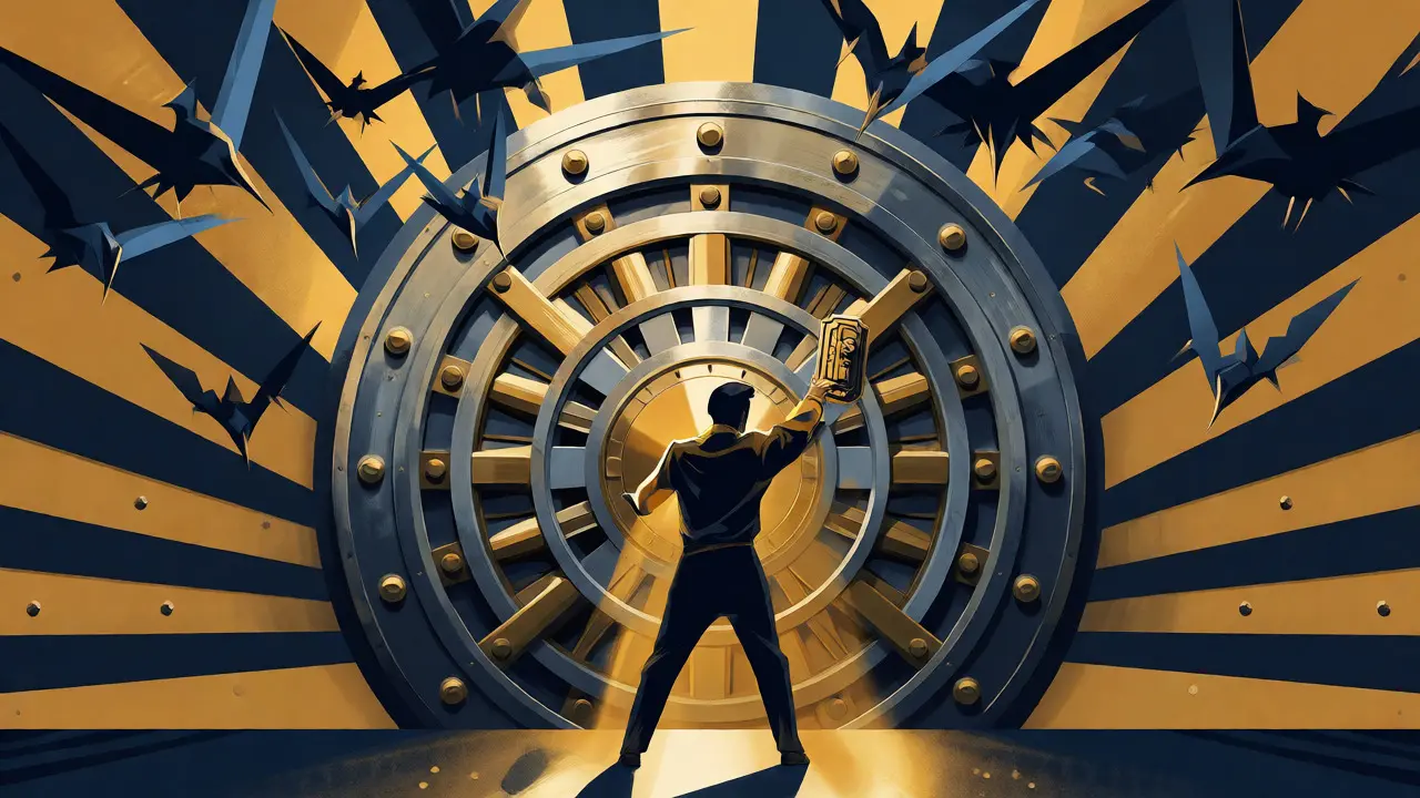 Heroic figure defending a vault from cyber threats using a hardware wallet.