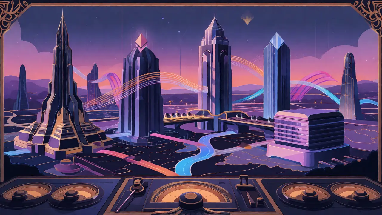 Interconnected blockchain towers exchanging data streams in a digital landscape